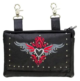 All Naked Cowhide Leather Belt Bag with Red/Gray Heart and Studs