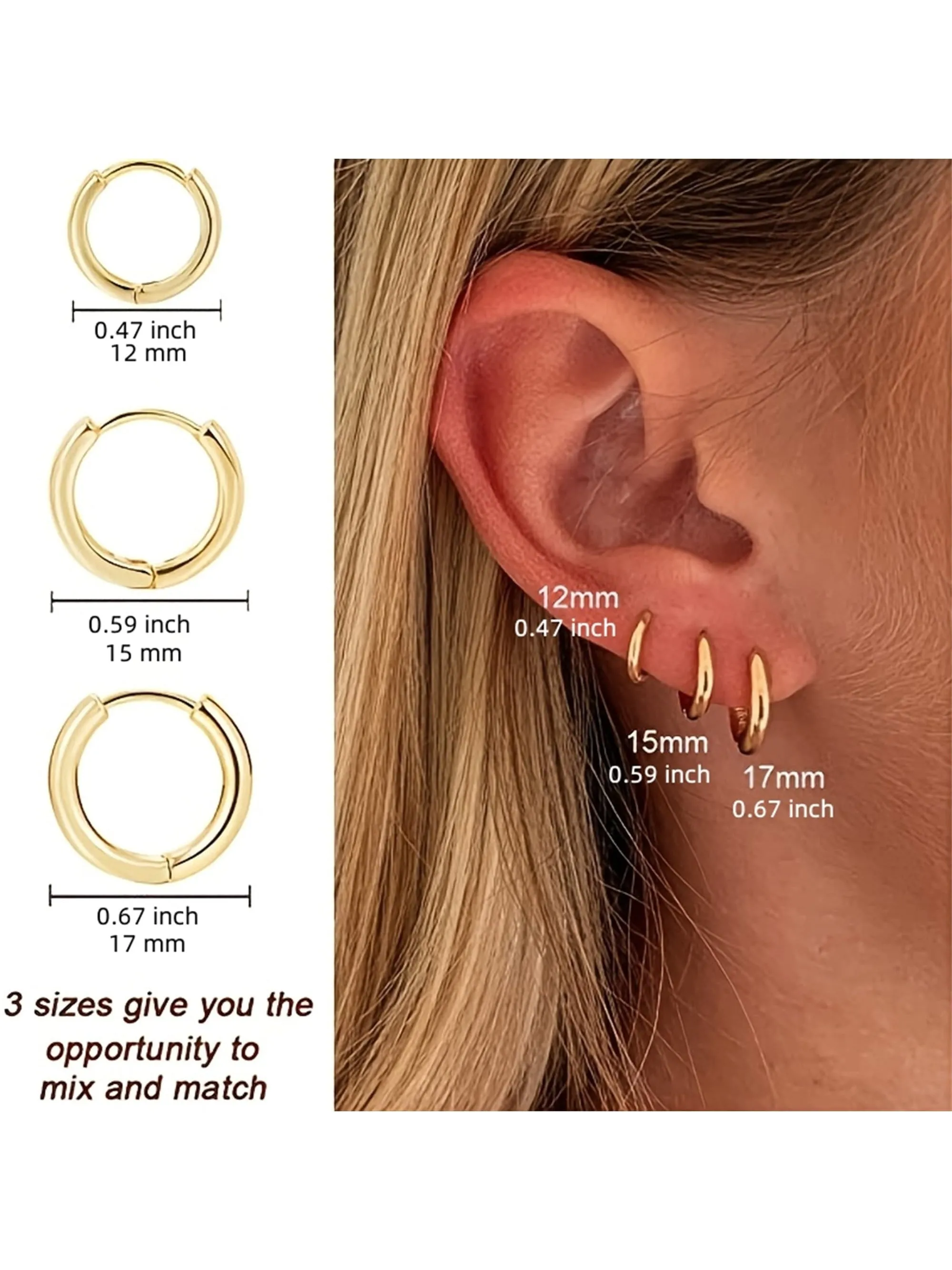 Amy Fashion - 3 Pairs Huggie Hoop Earrings