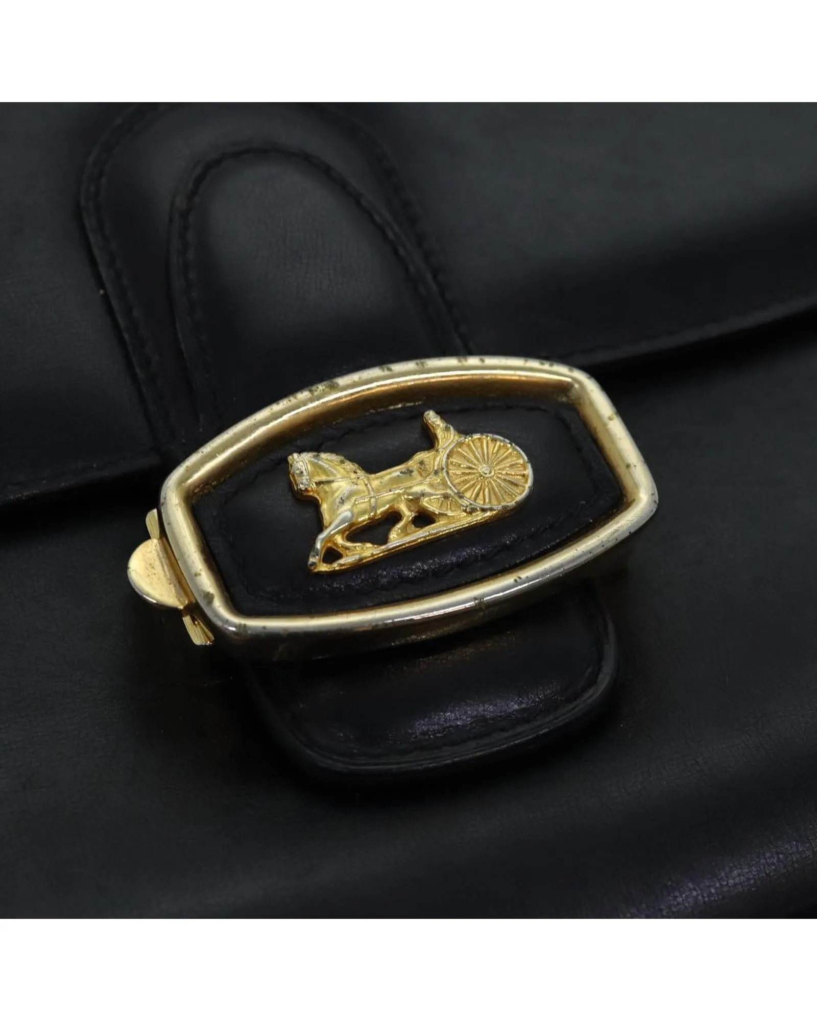 Black Leather Horse Carriage Shoulder Bag by Celine