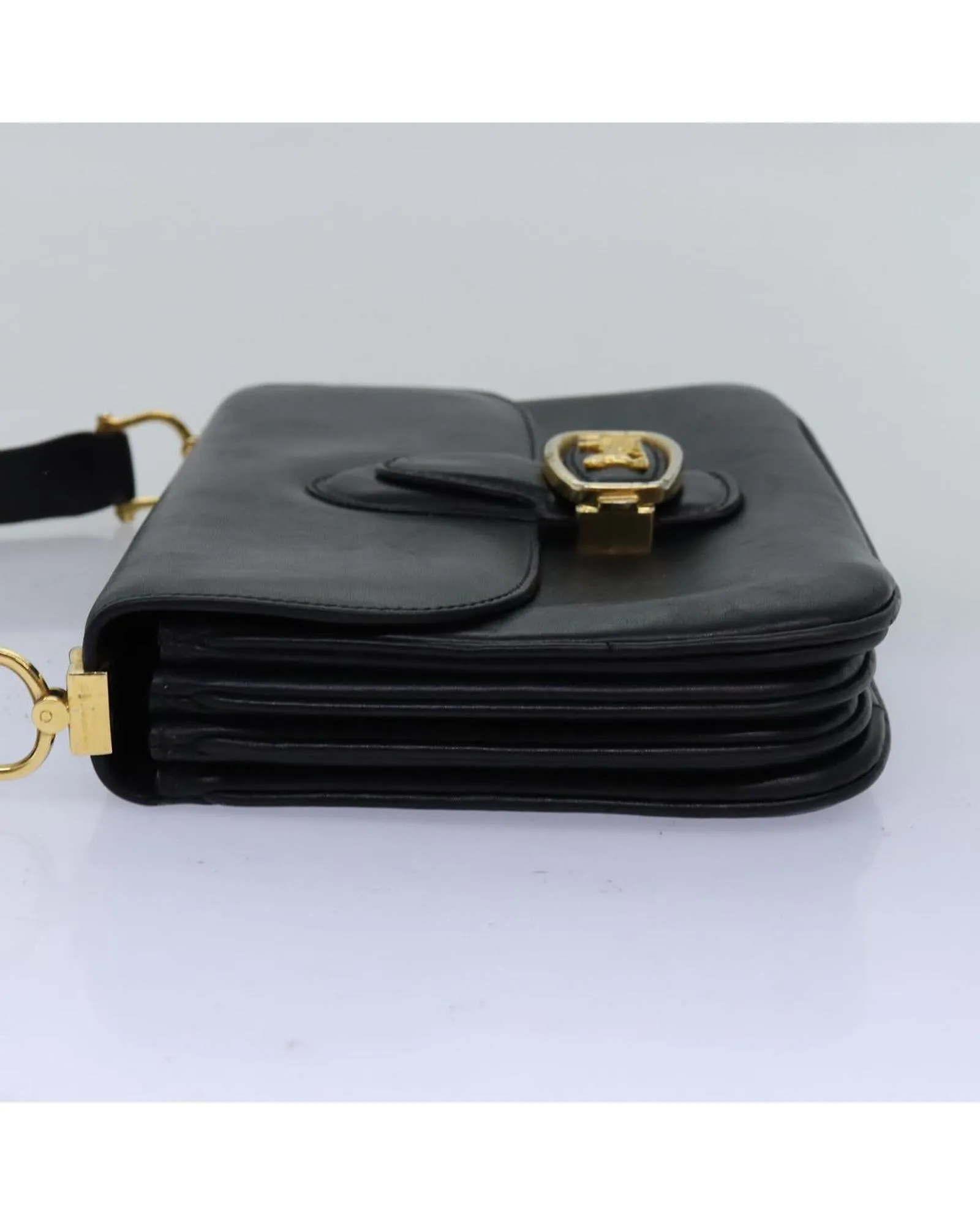 Black Leather Horse Carriage Shoulder Bag by Celine