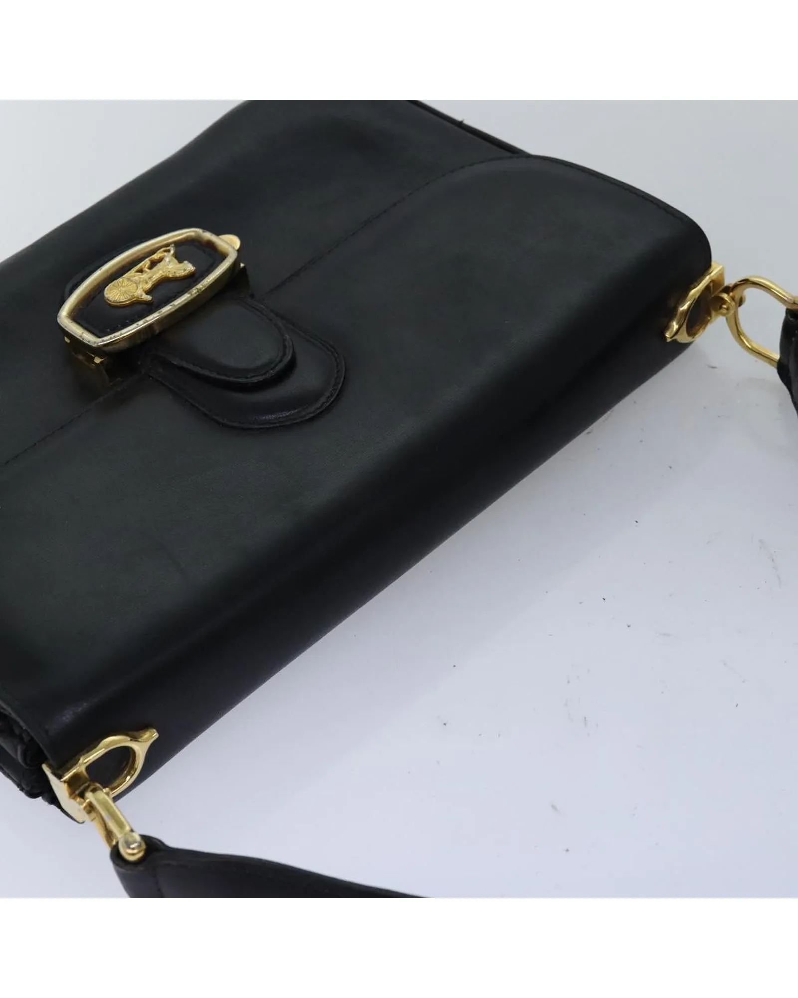 Black Leather Horse Carriage Shoulder Bag by Celine