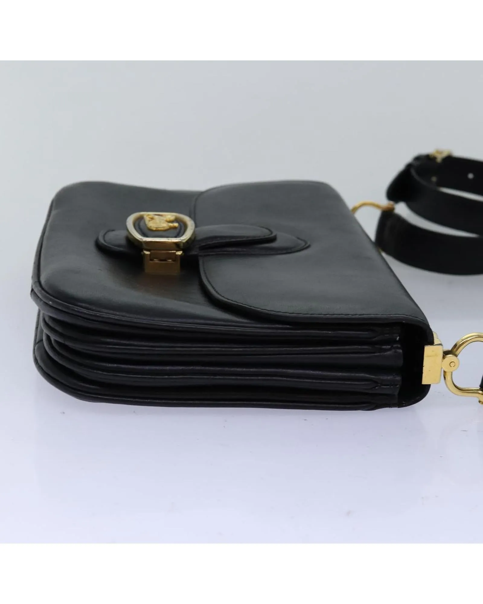 Black Leather Horse Carriage Shoulder Bag by Celine