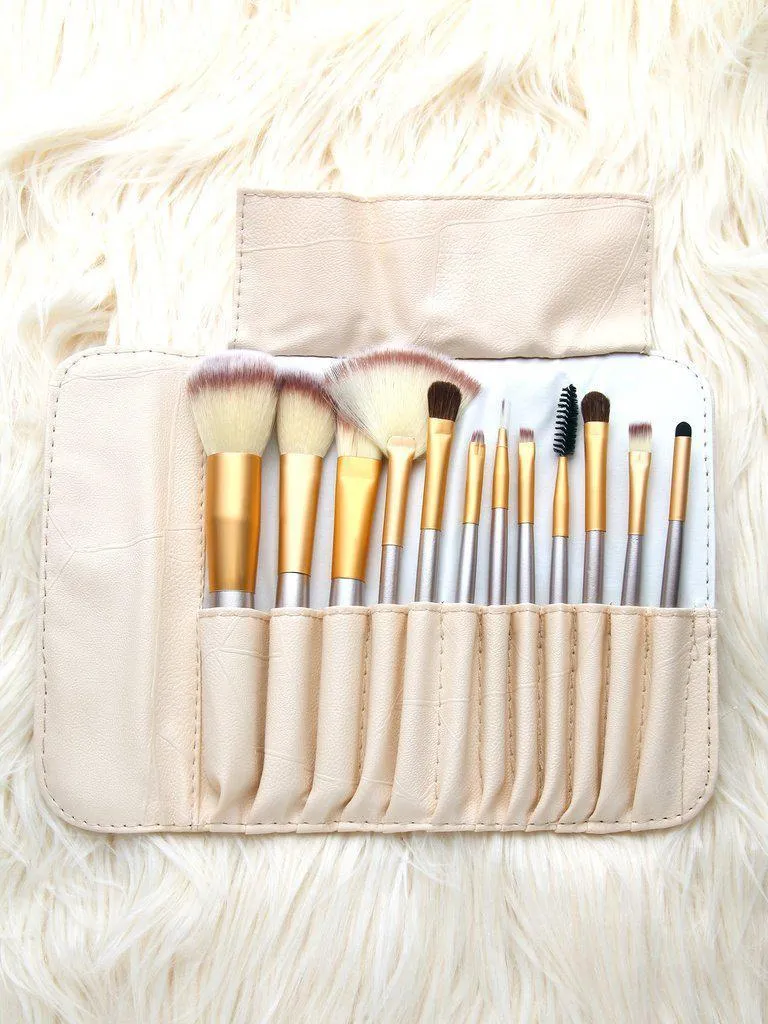 Champagne Gold 12Pcs Makeup Brush Set With Leather Bag