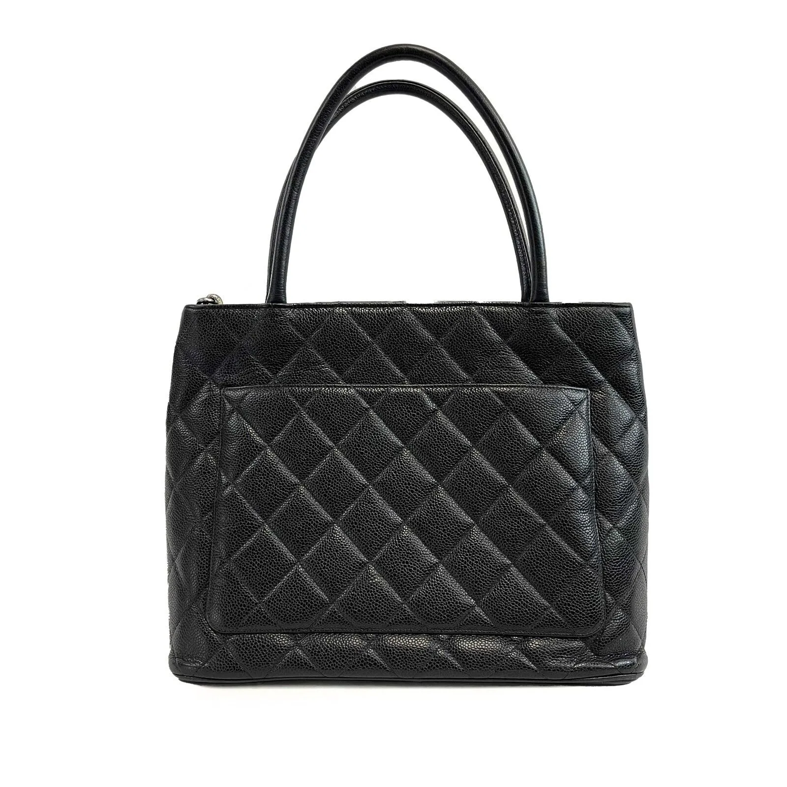 CHANEL - CC Medallion Black Diamond Quilted Caviar Leather Tote / Shoulder Bag