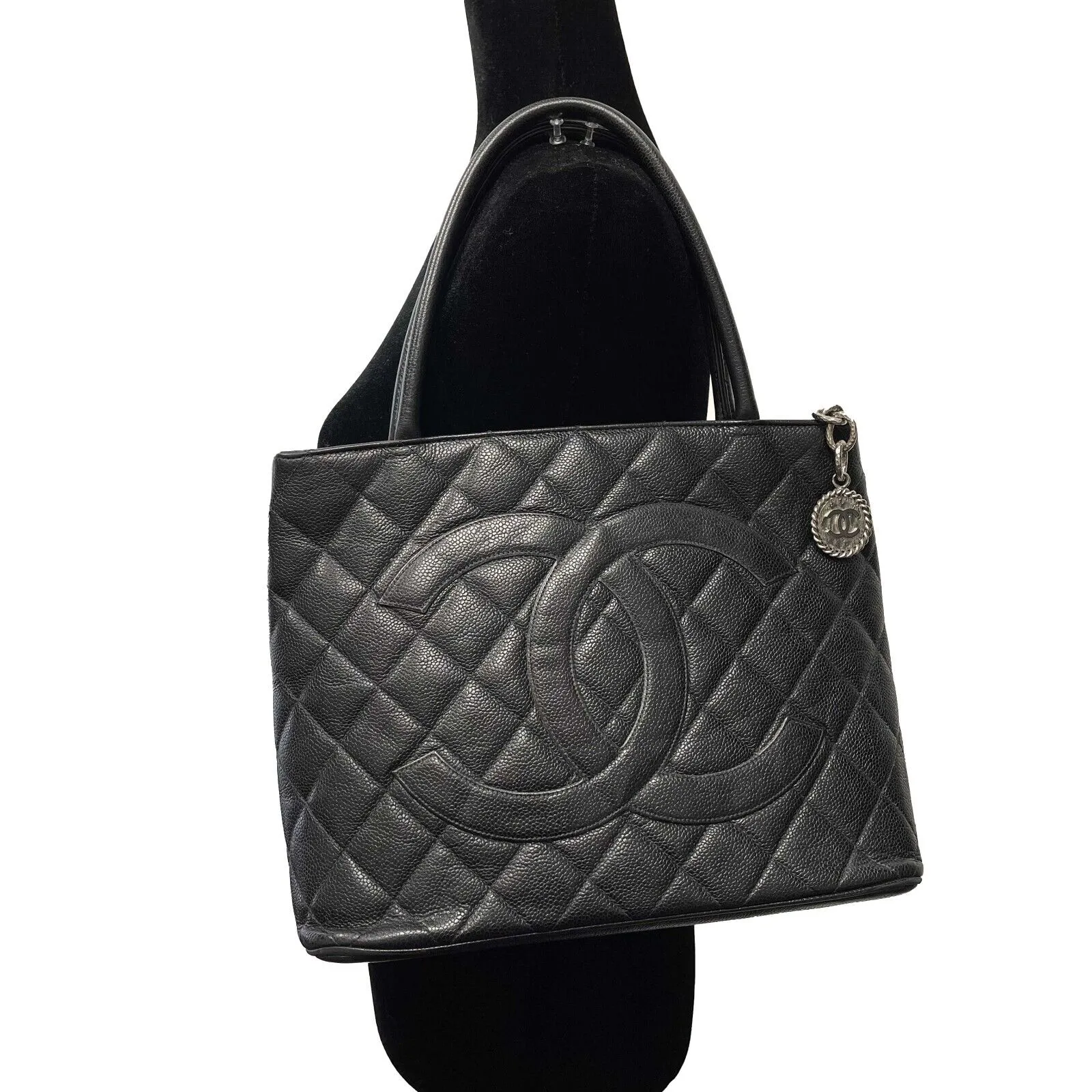 CHANEL - CC Medallion Black Diamond Quilted Caviar Leather Tote / Shoulder Bag