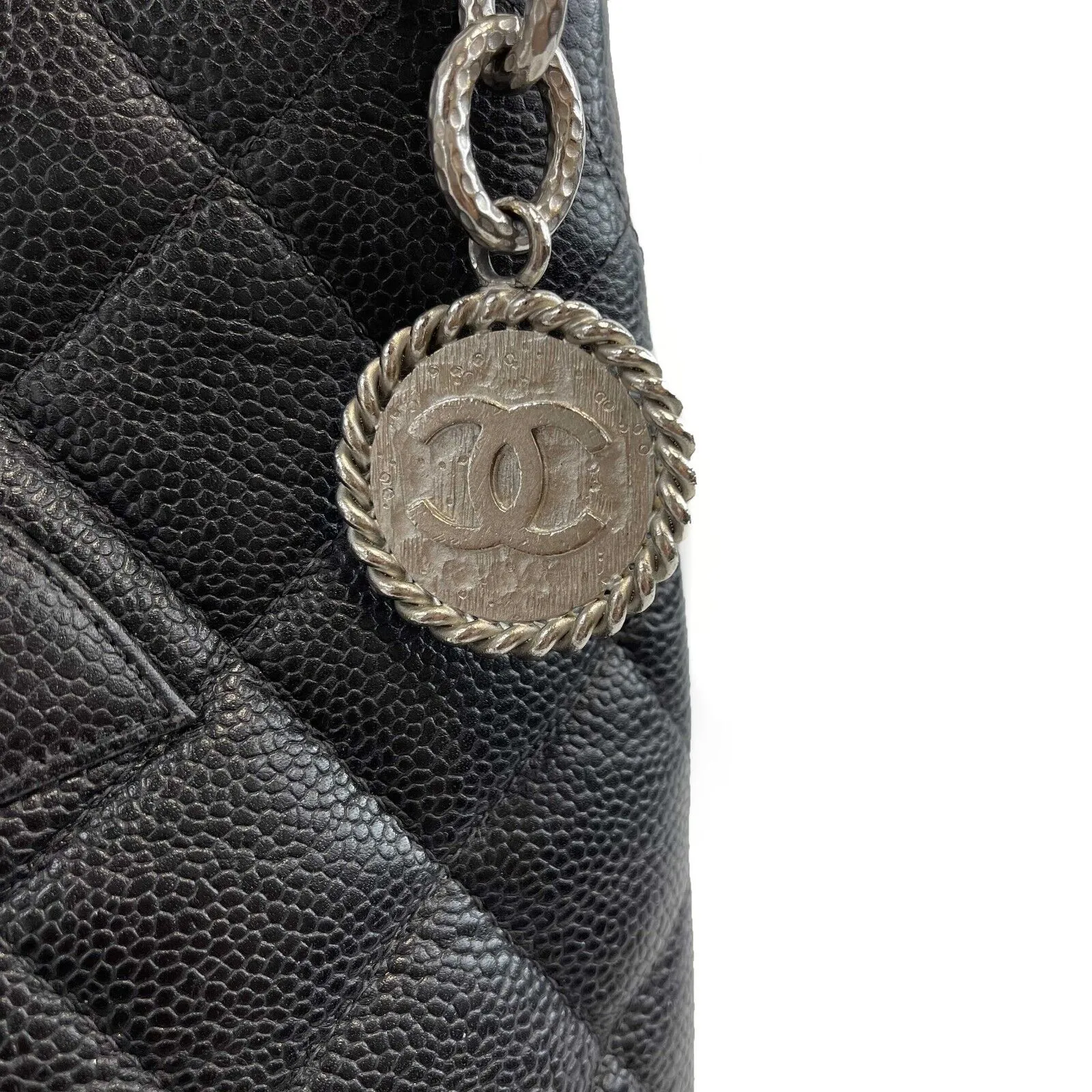 CHANEL - CC Medallion Black Diamond Quilted Caviar Leather Tote / Shoulder Bag