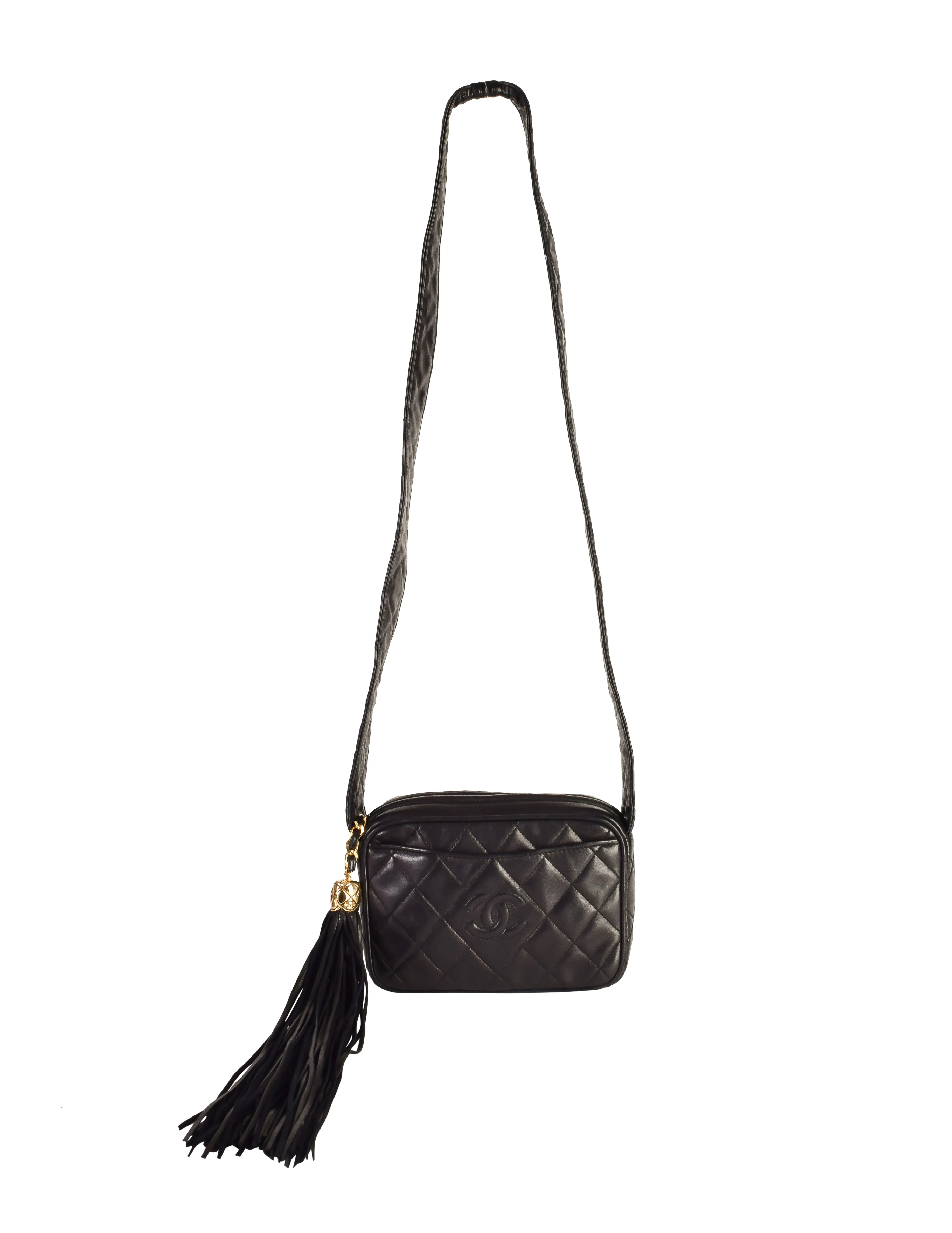 Chanel Vintage 1990s Black Lambskin Quilted Matelasse CC Logo Tassel Small Crossbody Shoulder Bag