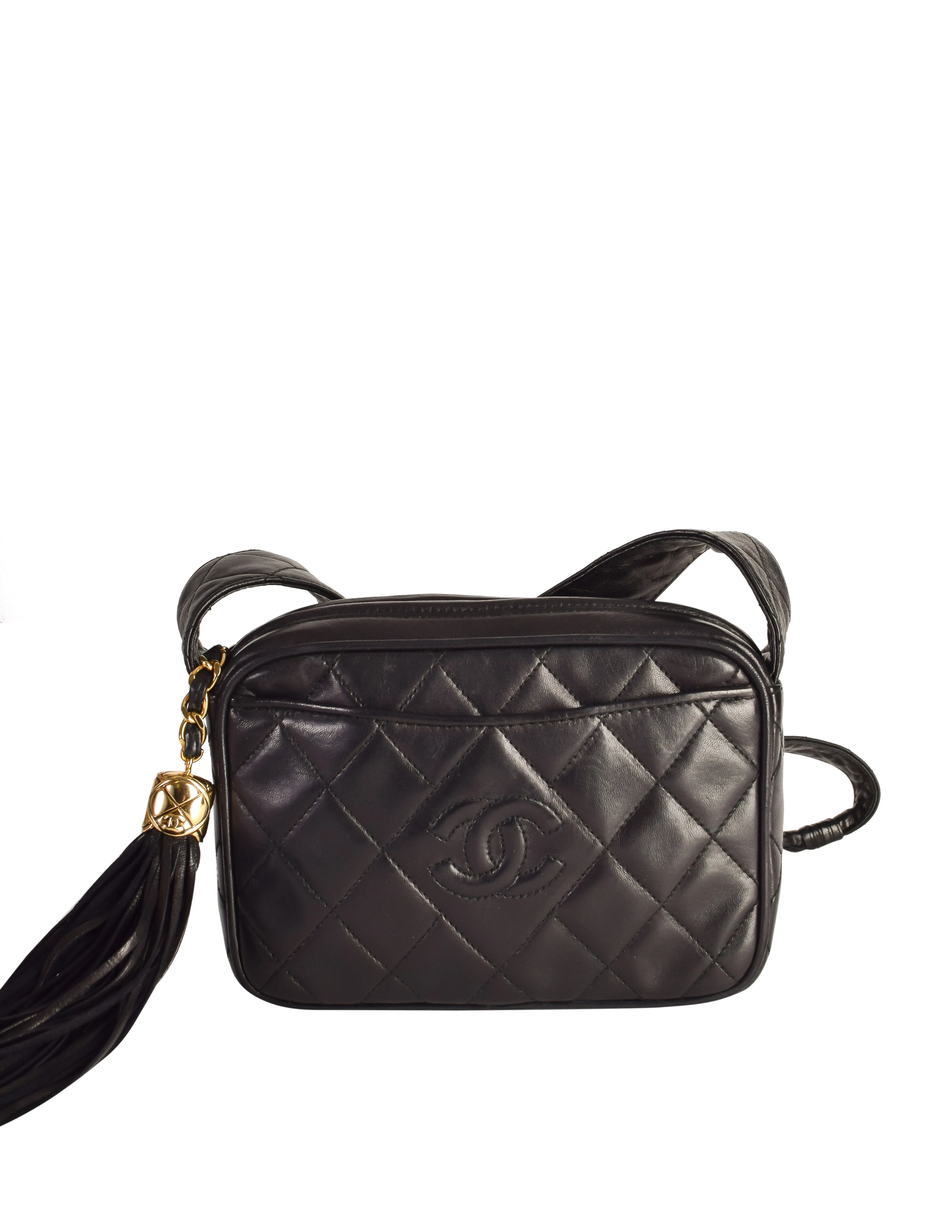 Chanel Vintage 1990s Black Lambskin Quilted Matelasse CC Logo Tassel Small Crossbody Shoulder Bag