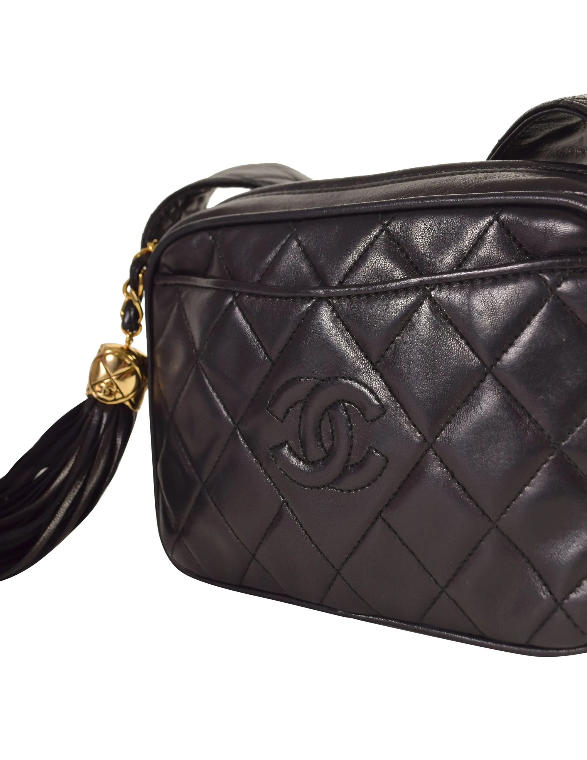 Chanel Vintage 1990s Black Lambskin Quilted Matelasse CC Logo Tassel Small Crossbody Shoulder Bag