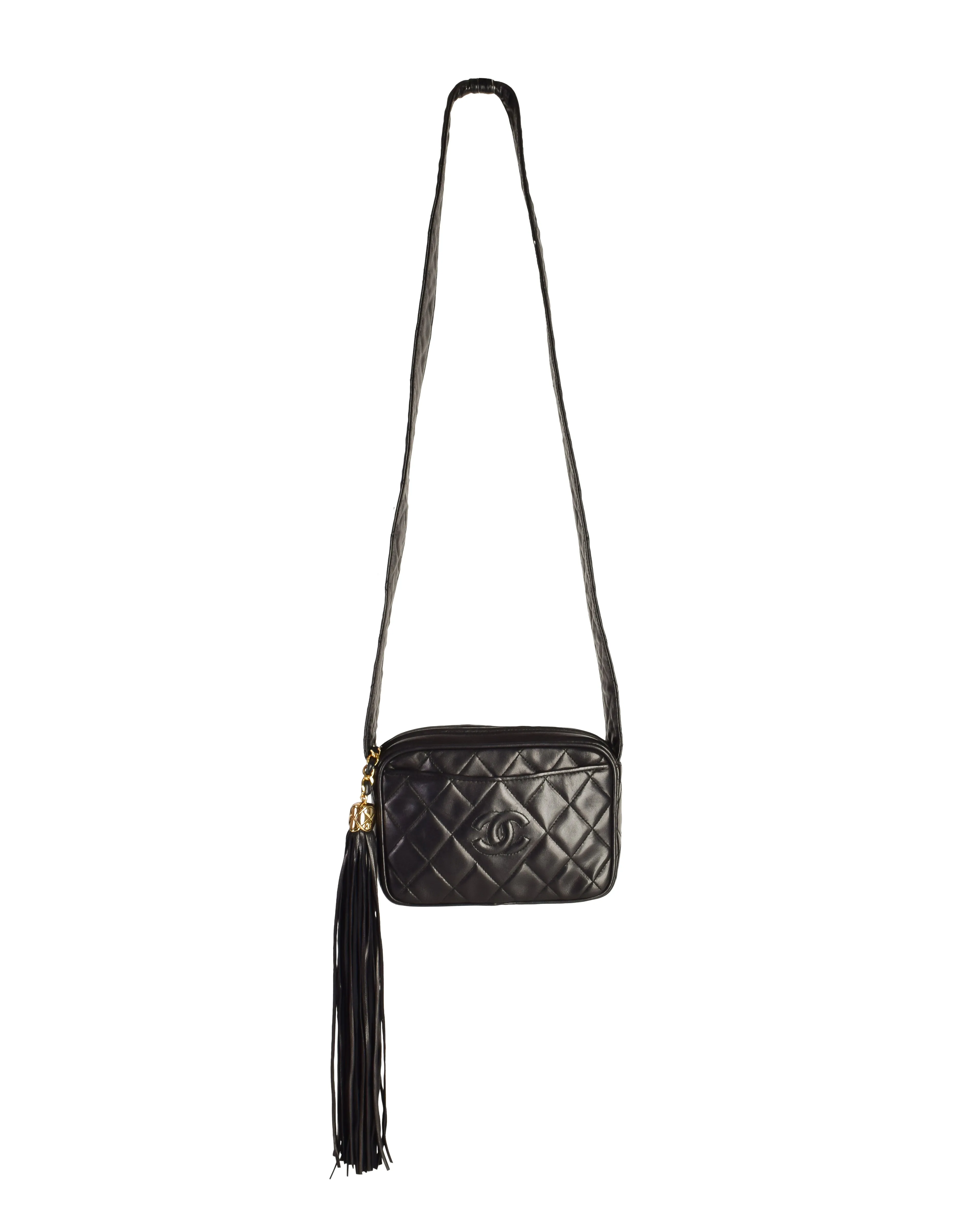 Chanel Vintage 1990s Black Lambskin Quilted Matelasse CC Logo Tassel Small Crossbody Shoulder Bag