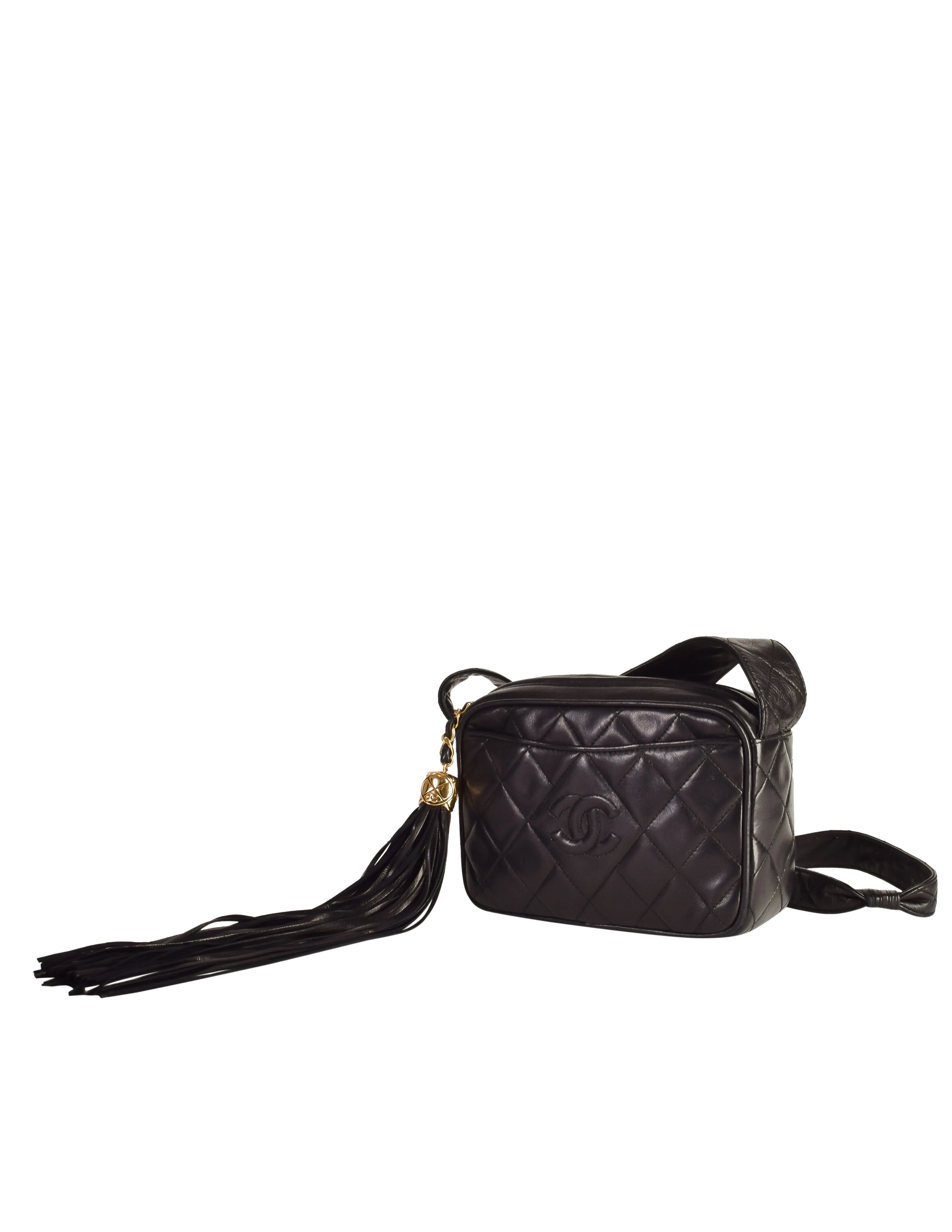 Chanel Vintage 1990s Black Lambskin Quilted Matelasse CC Logo Tassel Small Crossbody Shoulder Bag