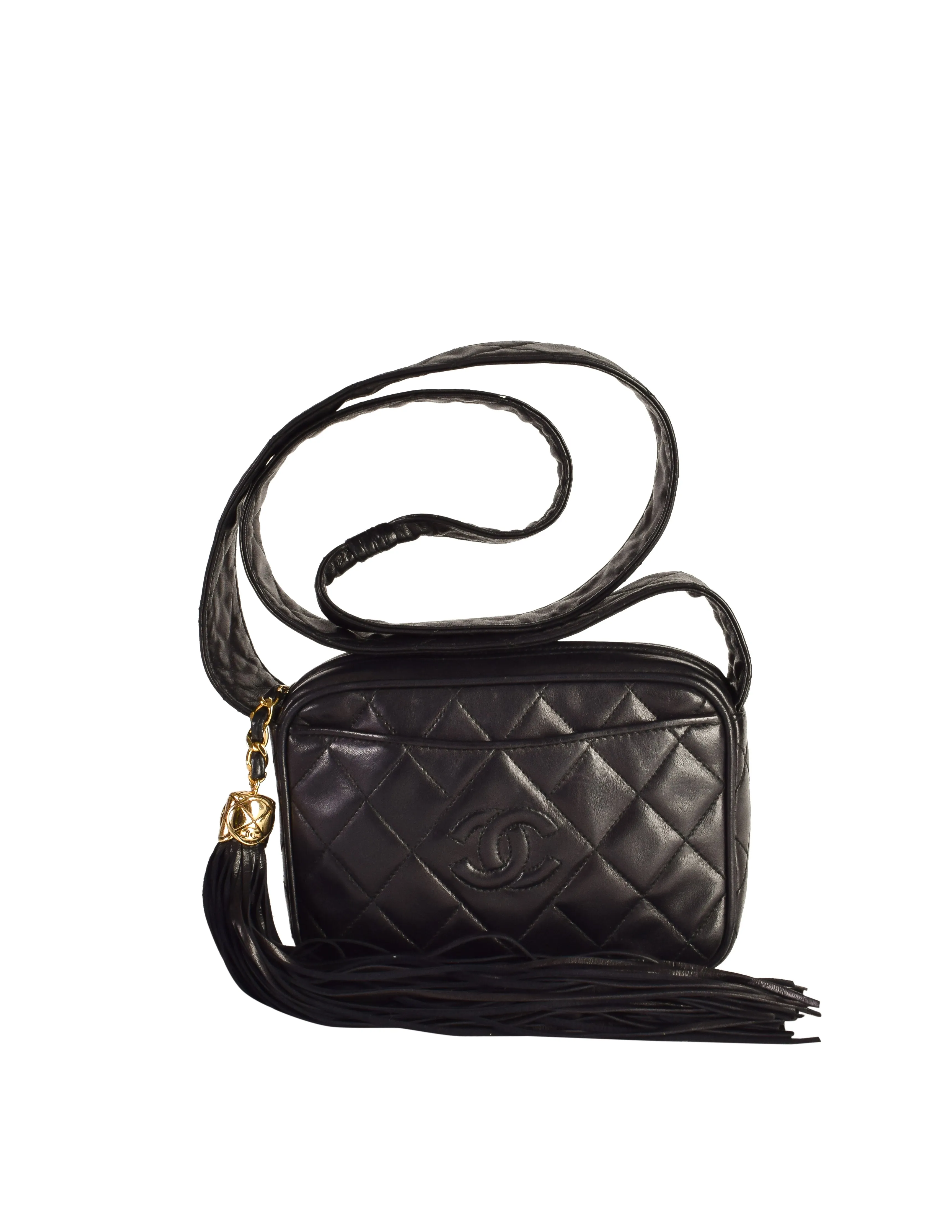 Chanel Vintage 1990s Black Lambskin Quilted Matelasse CC Logo Tassel Small Crossbody Shoulder Bag