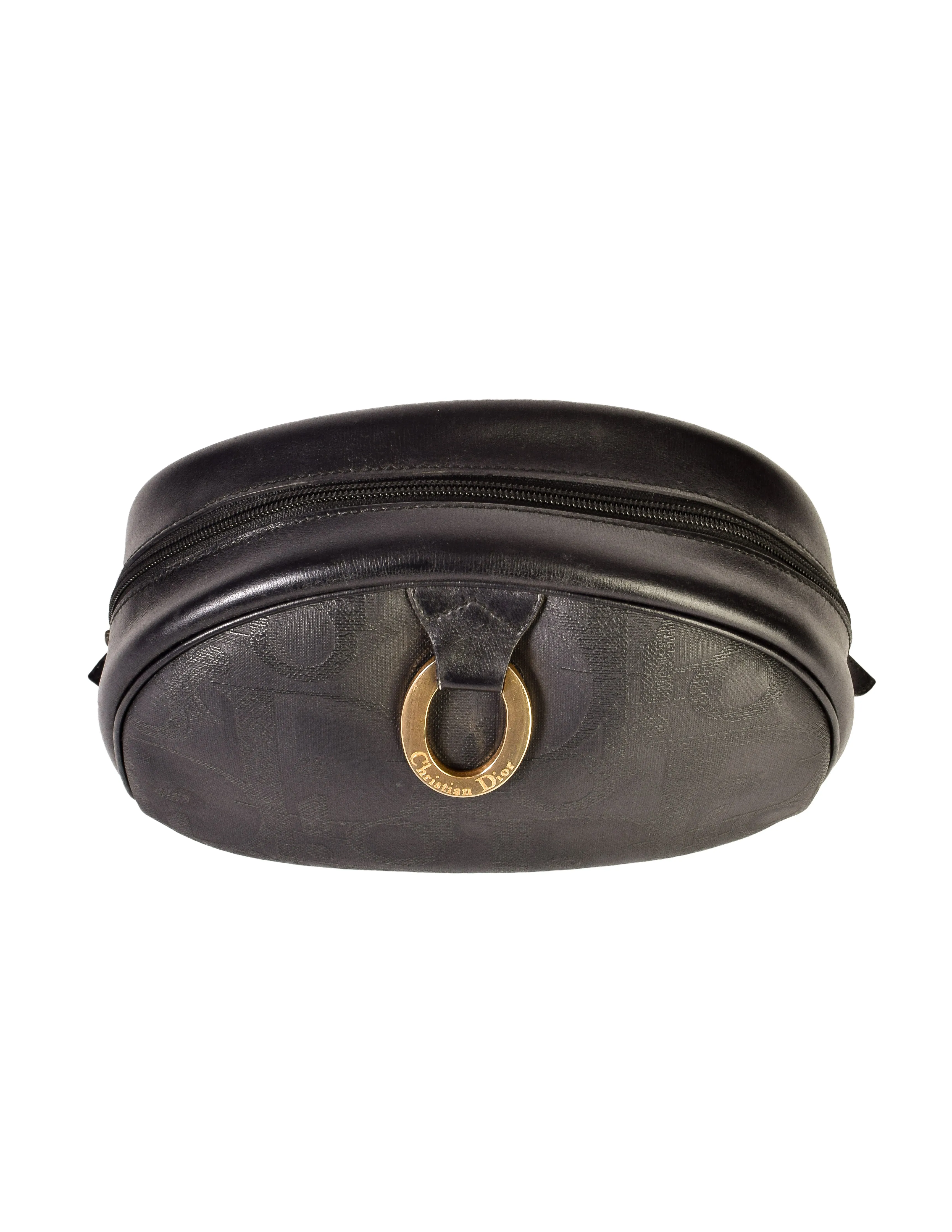 Christian Dior Vintage Black Leather Coated Canvas Monogram Cosmetic Toiletry Travel Clutch Bag