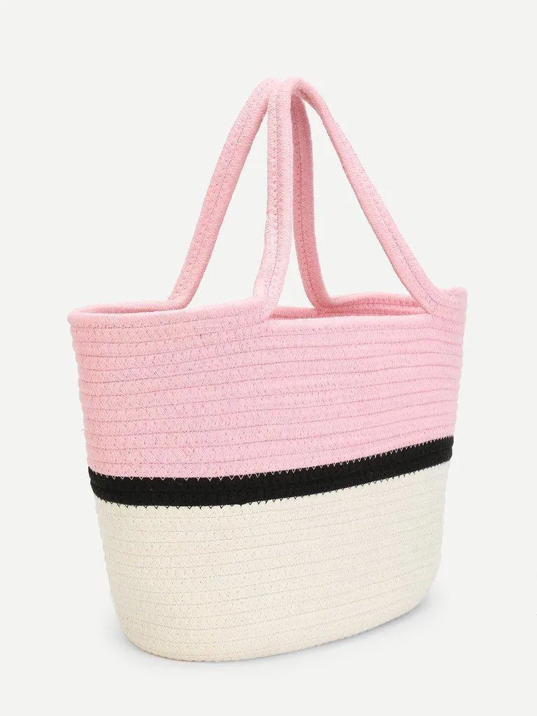 Color Block Straw Tote Bag