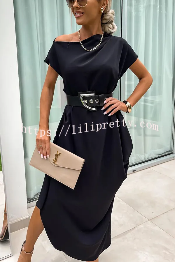 Extraordinary Cut Asymmetrical Short Sleeve Belted Loose Midi Dress