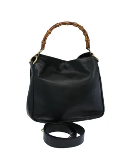 Leather Shoulder Bag with Bamboo Detail and Shoulder Strap