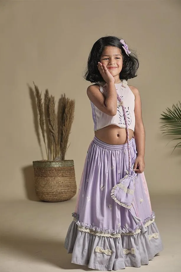 Pink and Lavender Frilled Lehenga with Blouse and Potli Bag Set for Girls