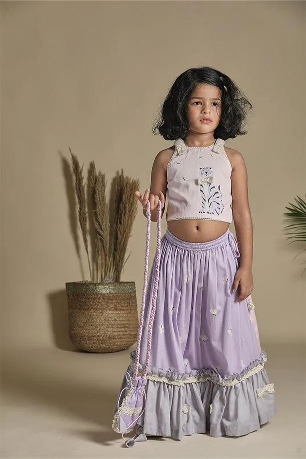 Pink and Lavender Frilled Lehenga with Blouse and Potli Bag Set for Girls