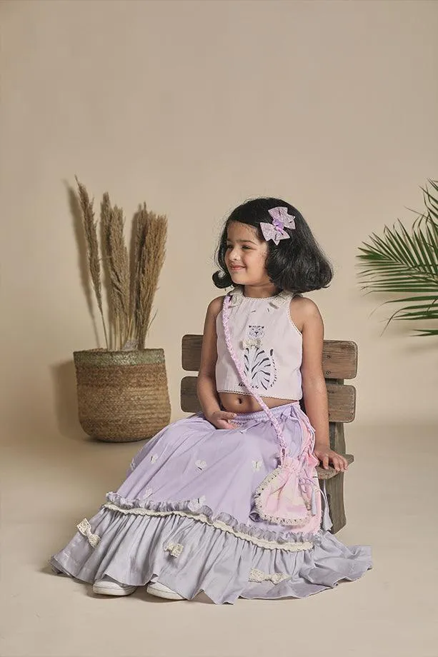 Pink and Lavender Frilled Lehenga with Blouse and Potli Bag Set for Girls