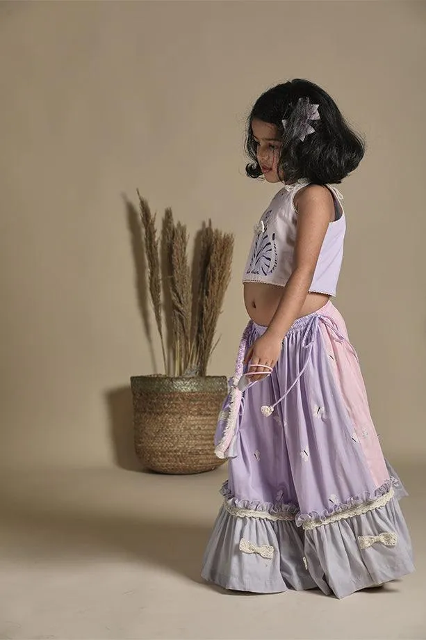 Pink and Lavender Frilled Lehenga with Blouse and Potli Bag Set for Girls