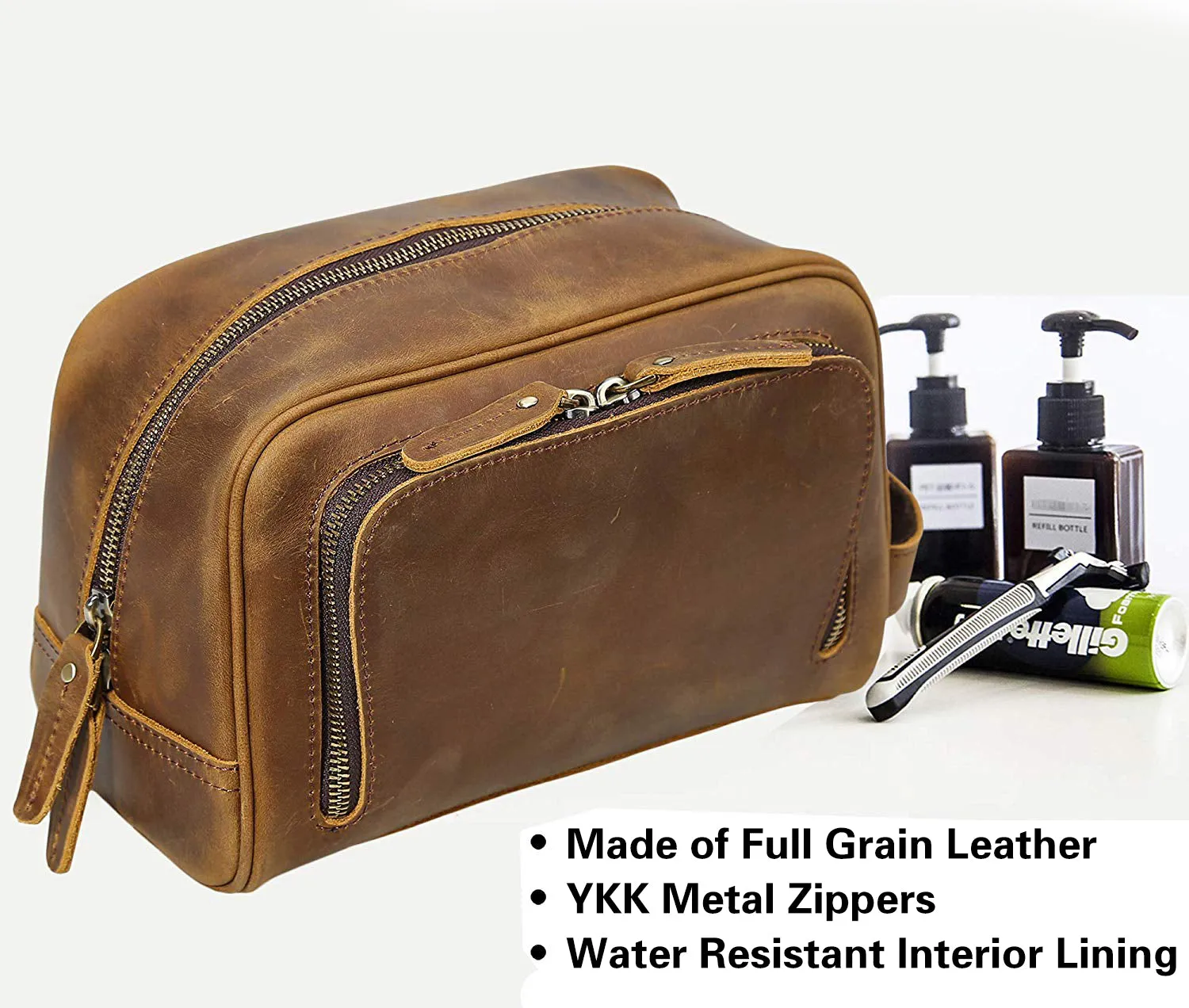 Polare Vintage Full Grain Leather Handmade Travel Toiletry Bag for Men - Dopp Kit - Shaving Kit with YKK Metal Zippers