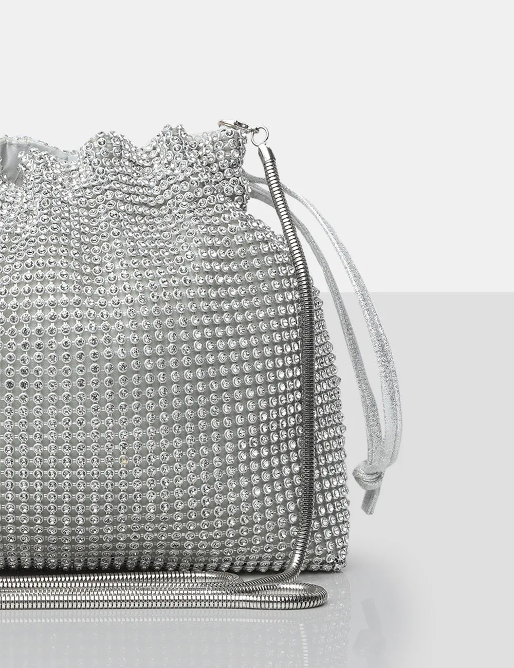 The Claudette Silver Diamante Draw String Crossbody Bag