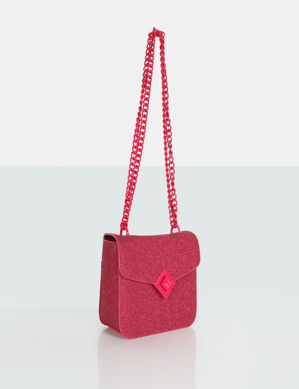 The Pixie Hot Pink Glitter Bag Chain Detail Shoulder Bag