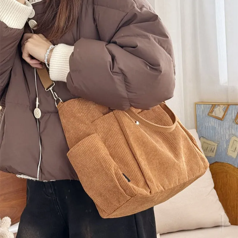 Thick Corduroy Shoulder Bags Simple All-Match Commute Totes Student Leisure Artistic Portable Messenger Bag