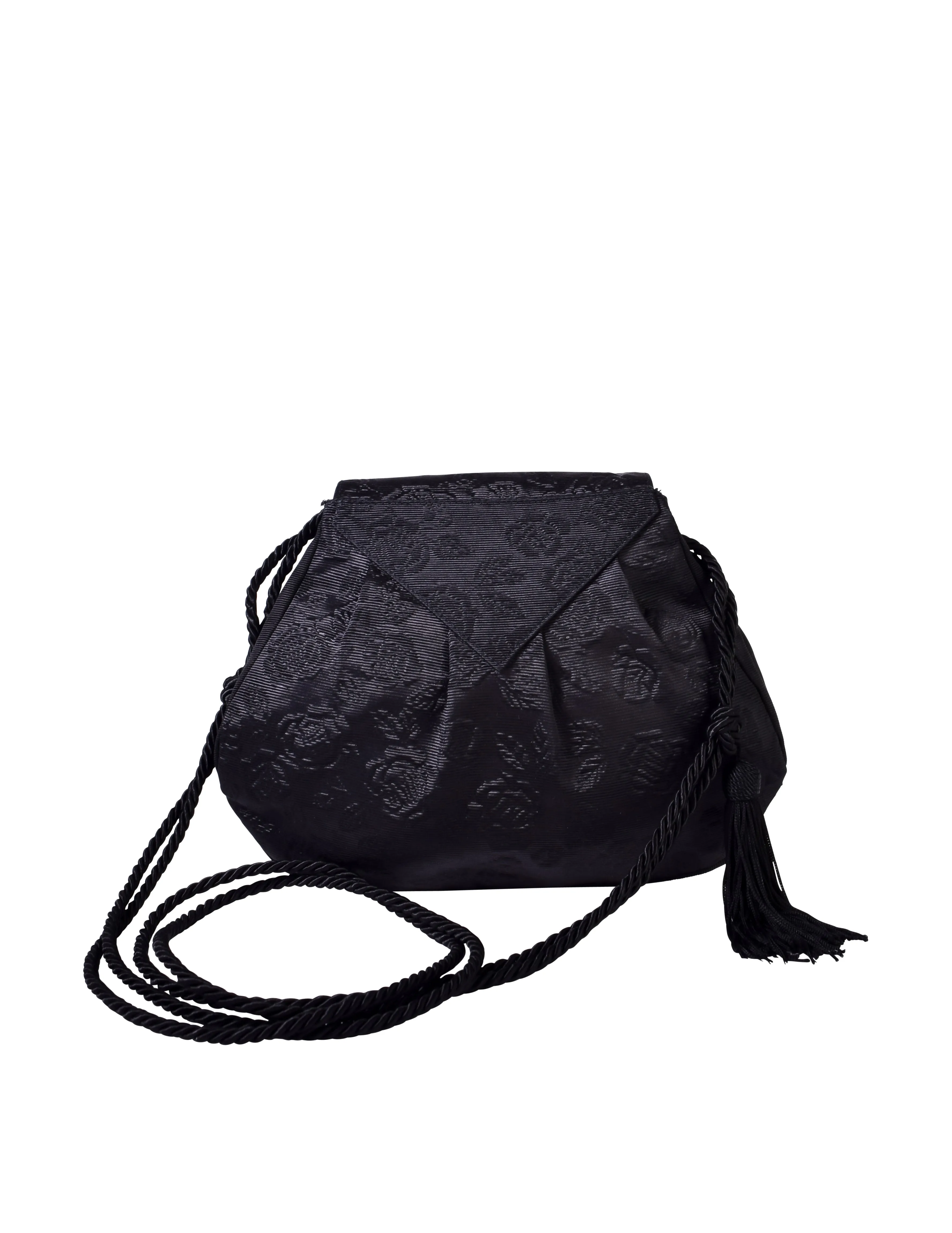 Valentino Vintage Black Rose Quilted Grosgrain Rope Tassel Evening Crossbody Bag