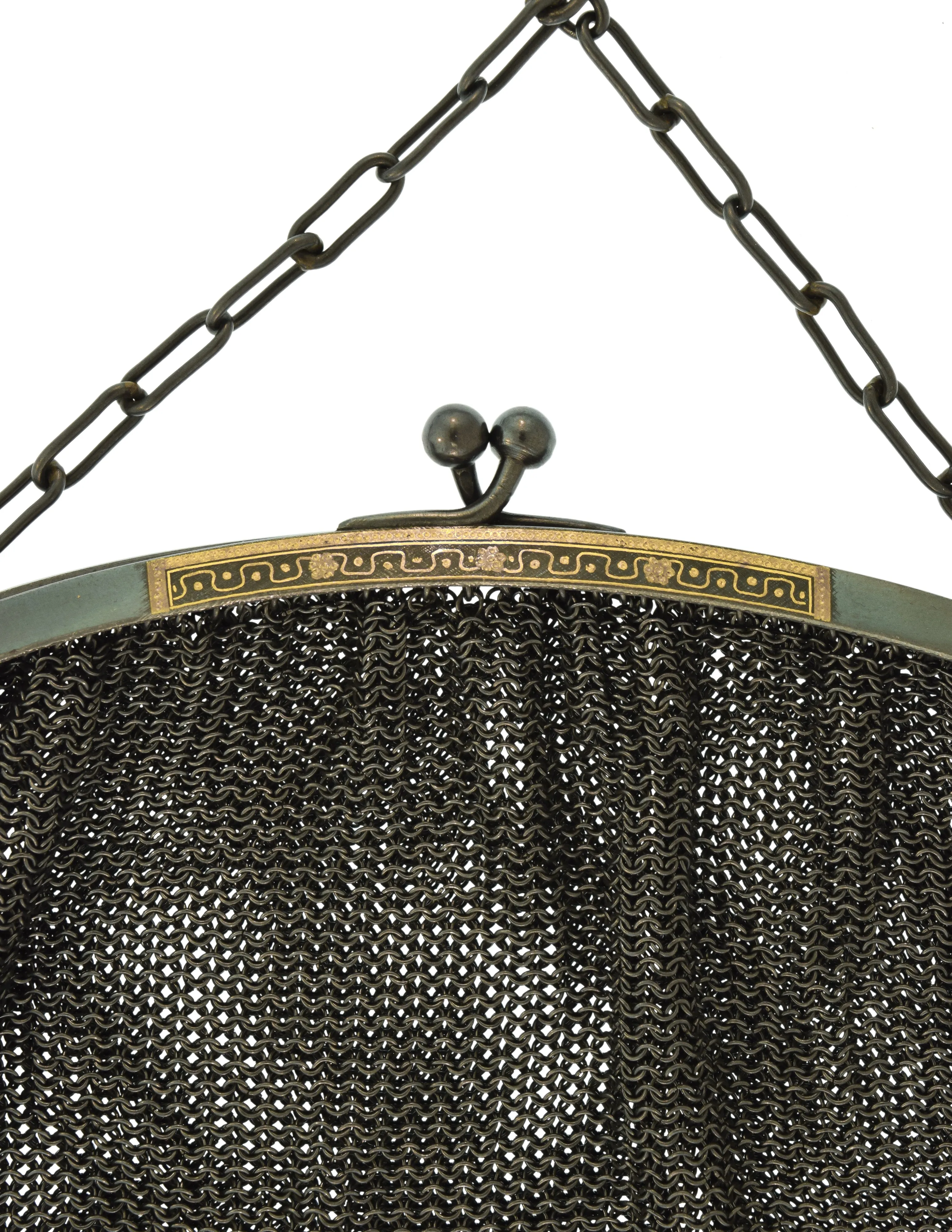 Vintage 1930s Blackened Charcoal Grey Chainmail Metal Mesh Gold Embossed Kiss Lock Handbag