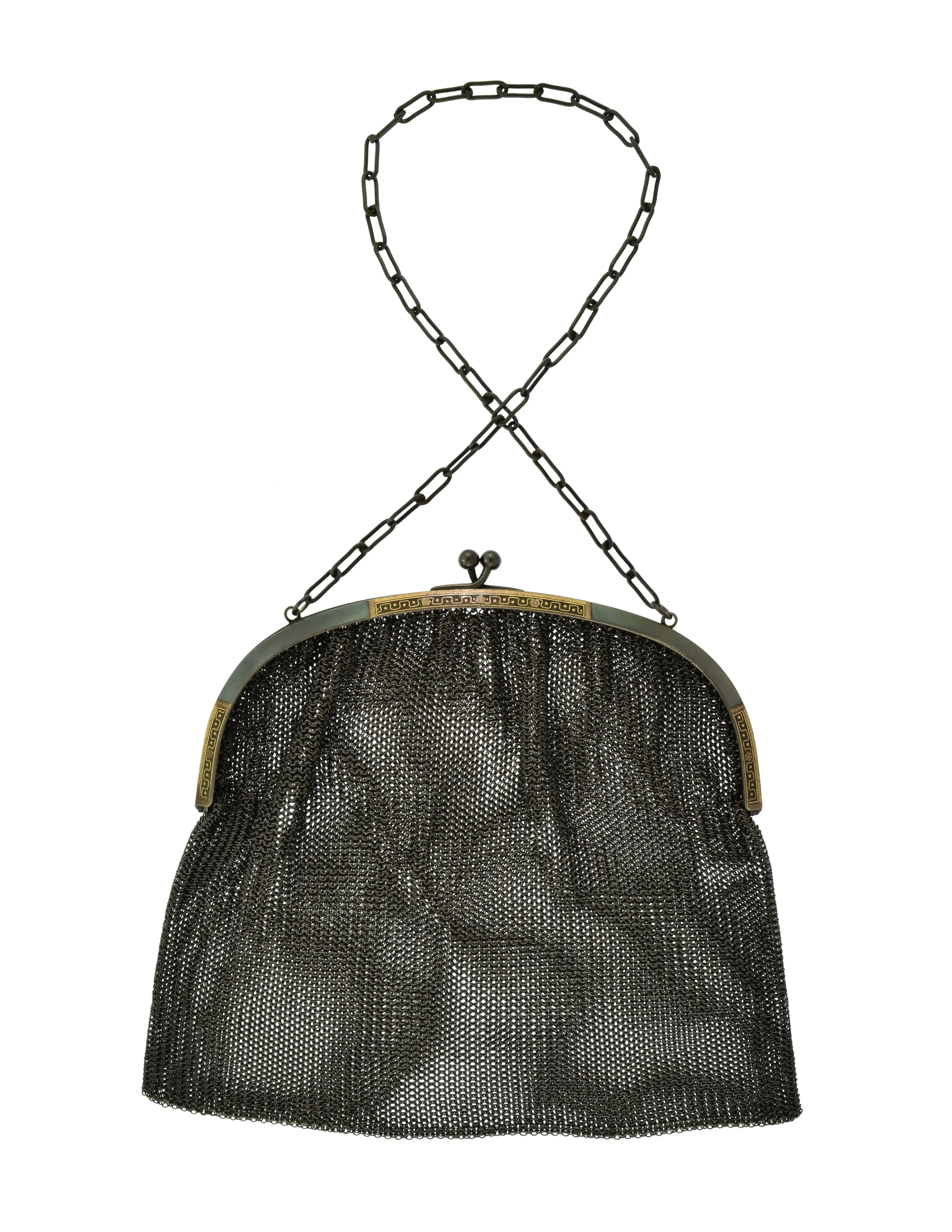 Vintage 1930s Blackened Charcoal Grey Chainmail Metal Mesh Gold Embossed Kiss Lock Handbag