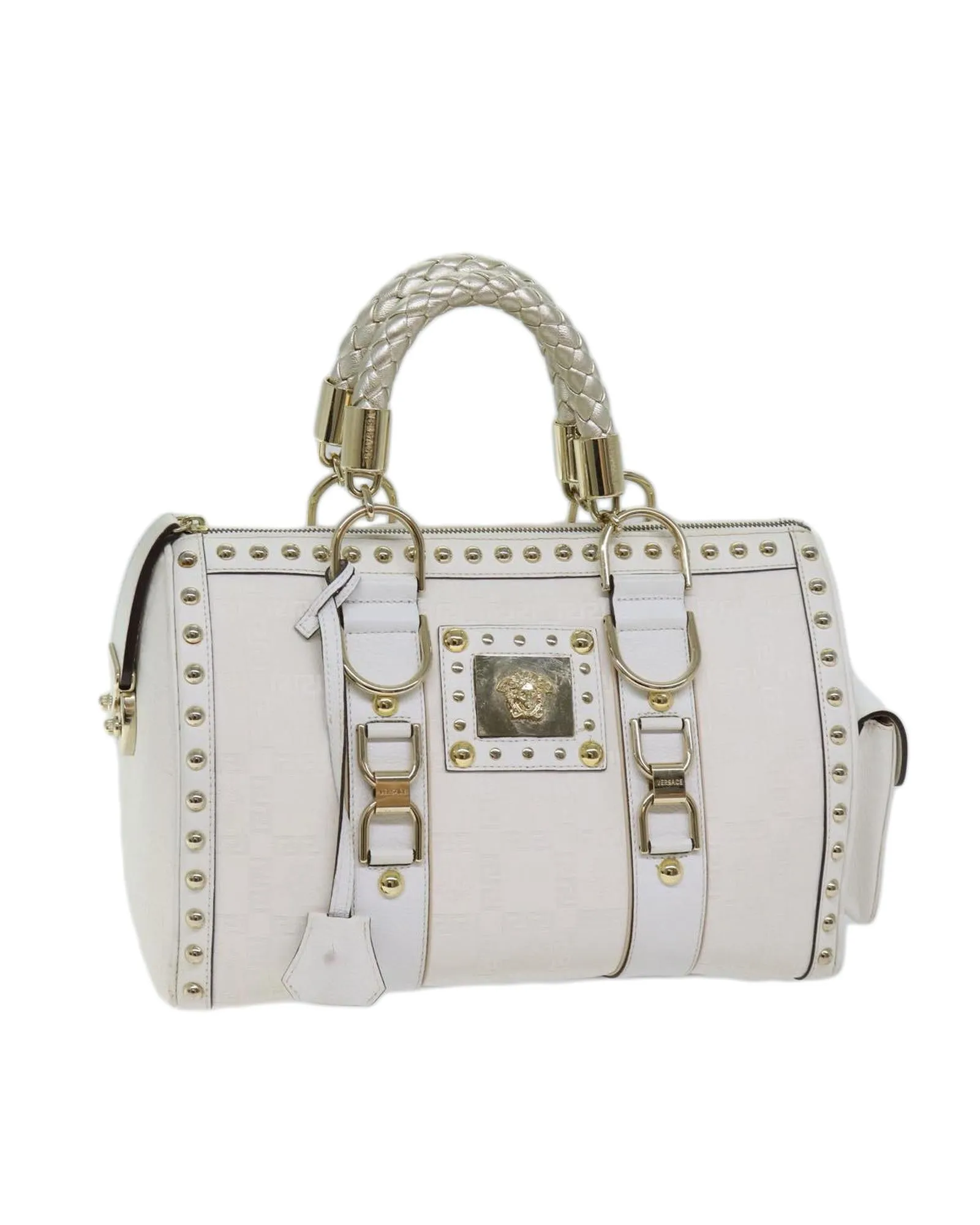 White Leather Boston Bag with Accessories - Rank B