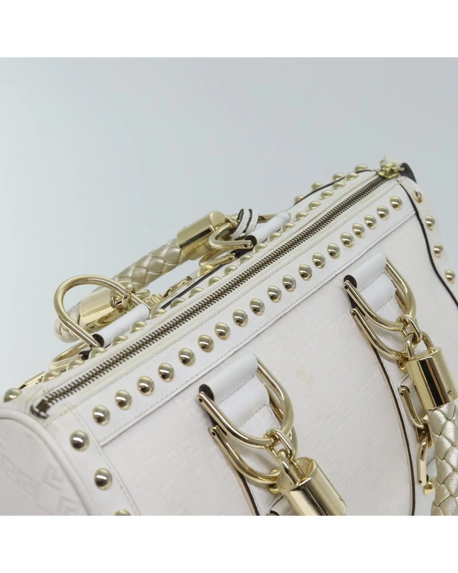 White Leather Boston Bag with Accessories - Rank B