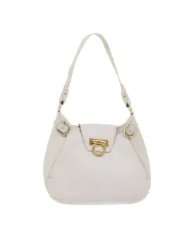 White Leather Shoulder Bag with Gancini Design