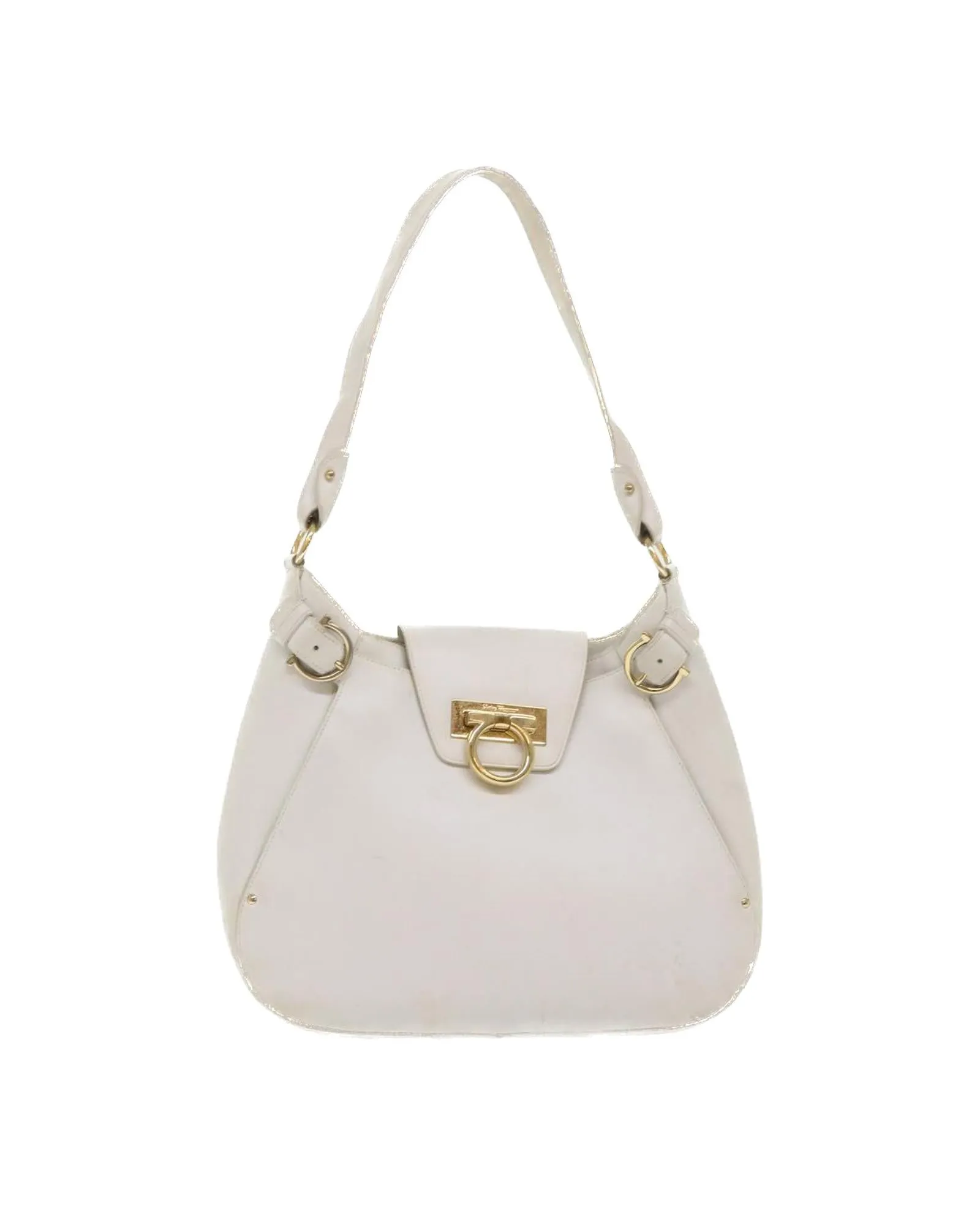 White Leather Shoulder Bag with Gancini Design