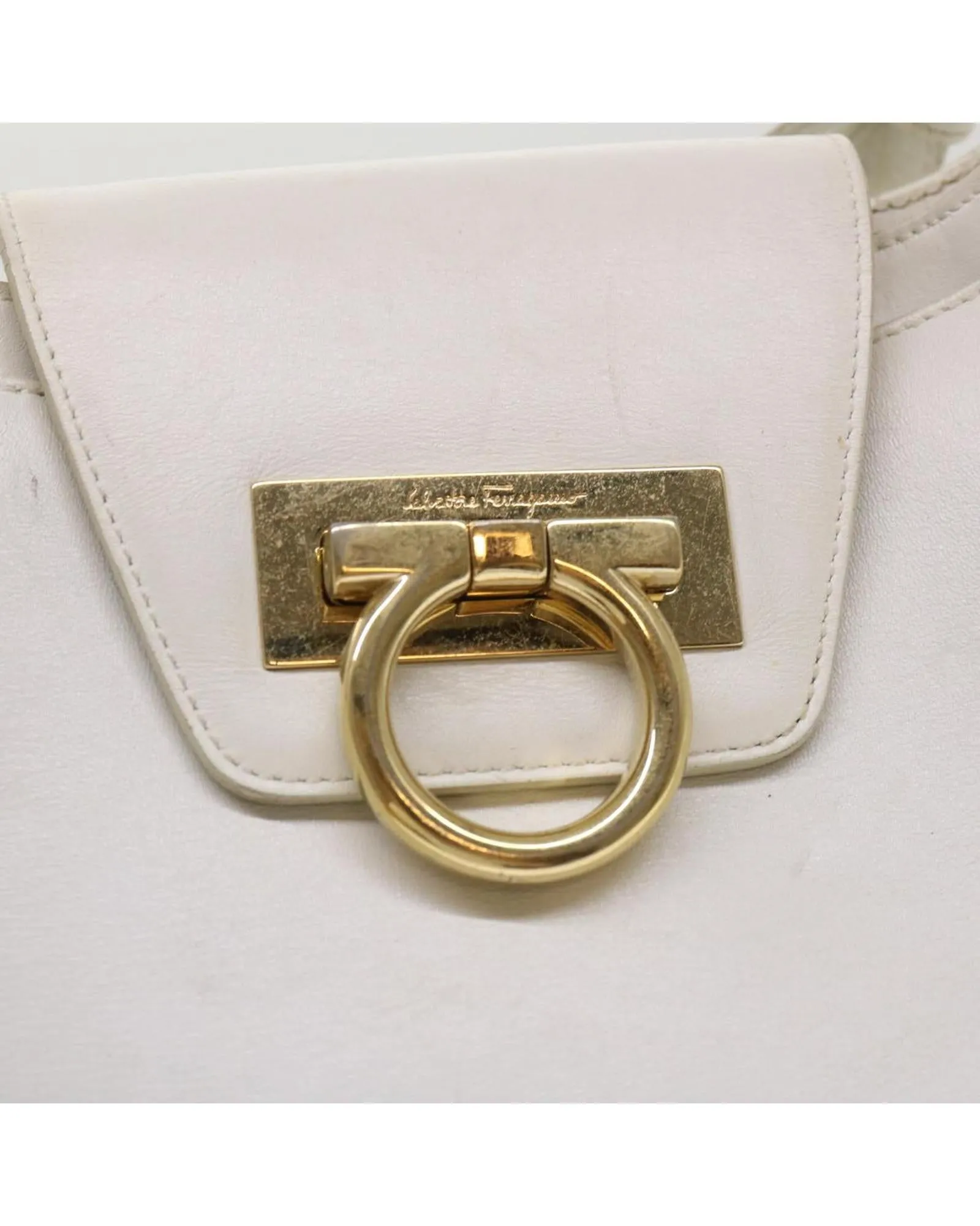 White Leather Shoulder Bag with Gancini Design