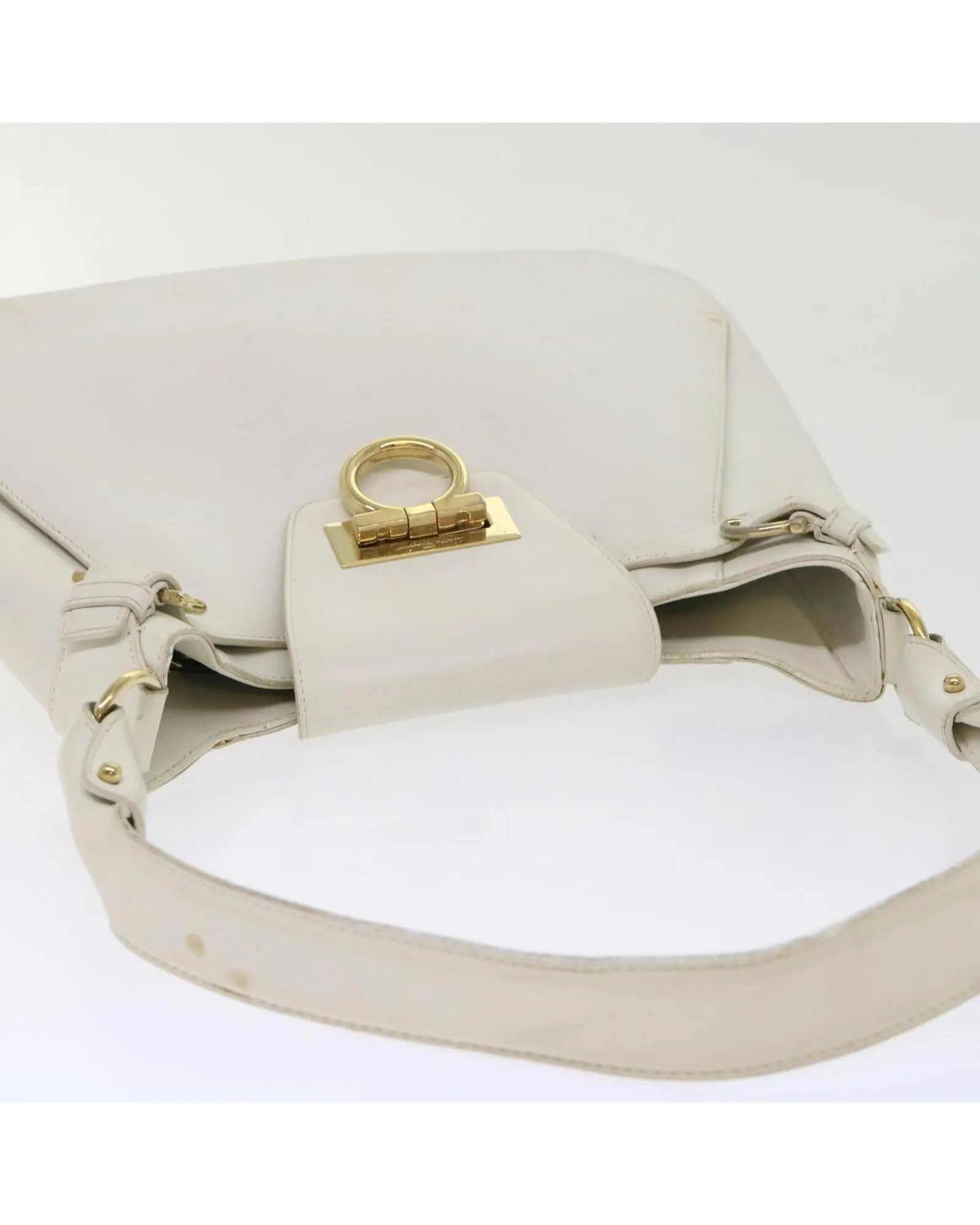 White Leather Shoulder Bag with Gancini Design