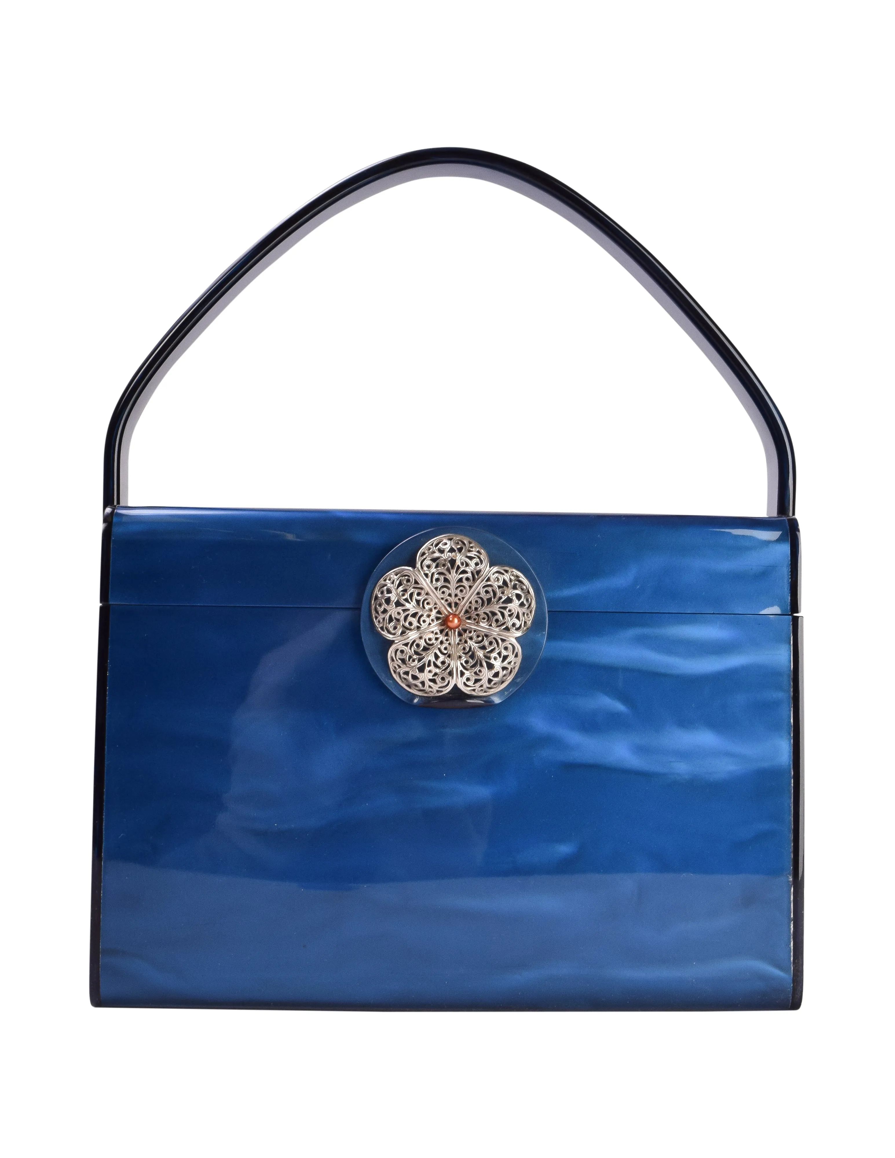 Wilardy Vintage 1950s Marbled Marine Blue Lucite Large Handbag