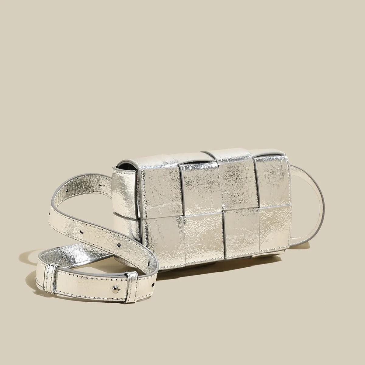 Woven Metallic Silver Woven Cassette Shoulder Bag