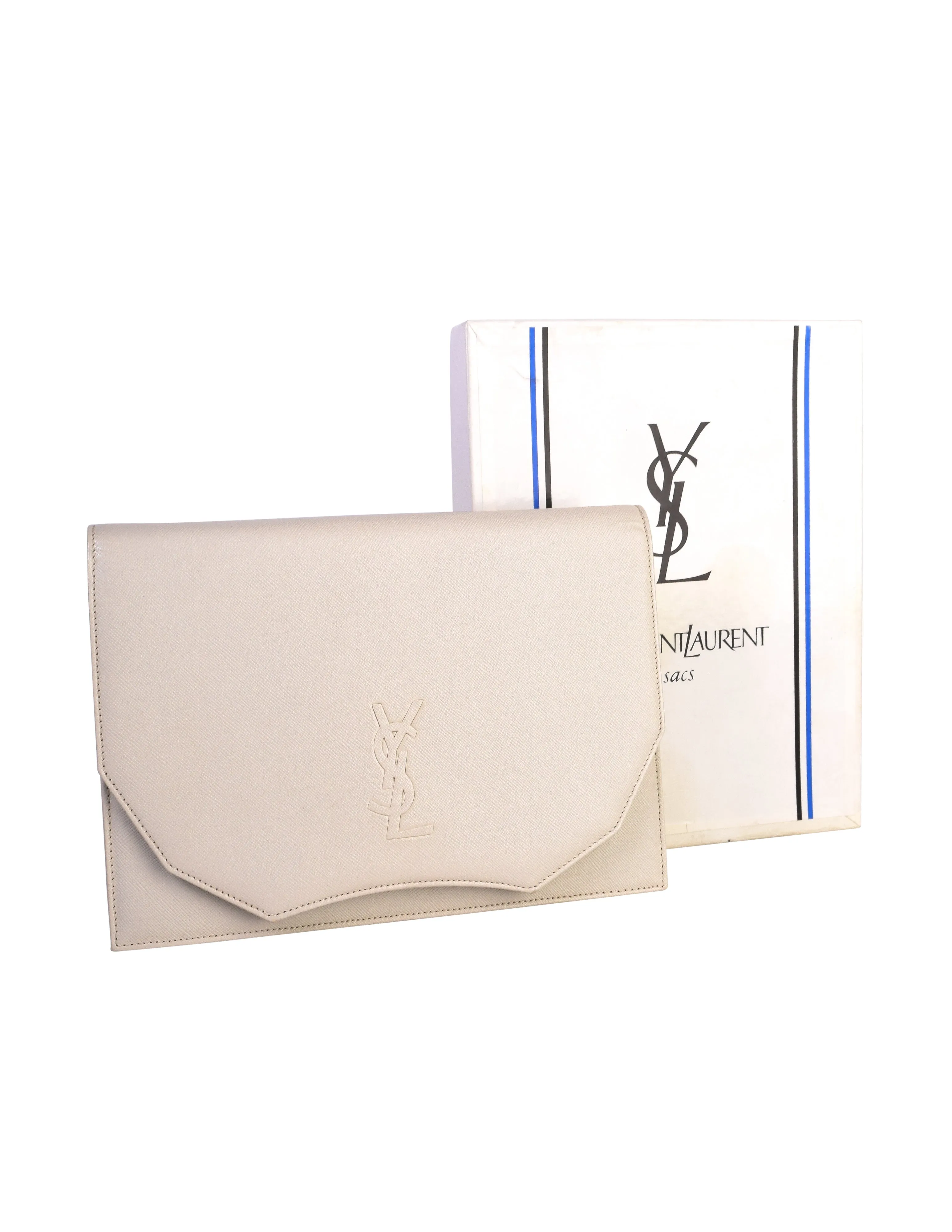 Yves Saint Laurent Vintage Off-White Eggshell YSL Logo Saffiano Leather Clutch Bag