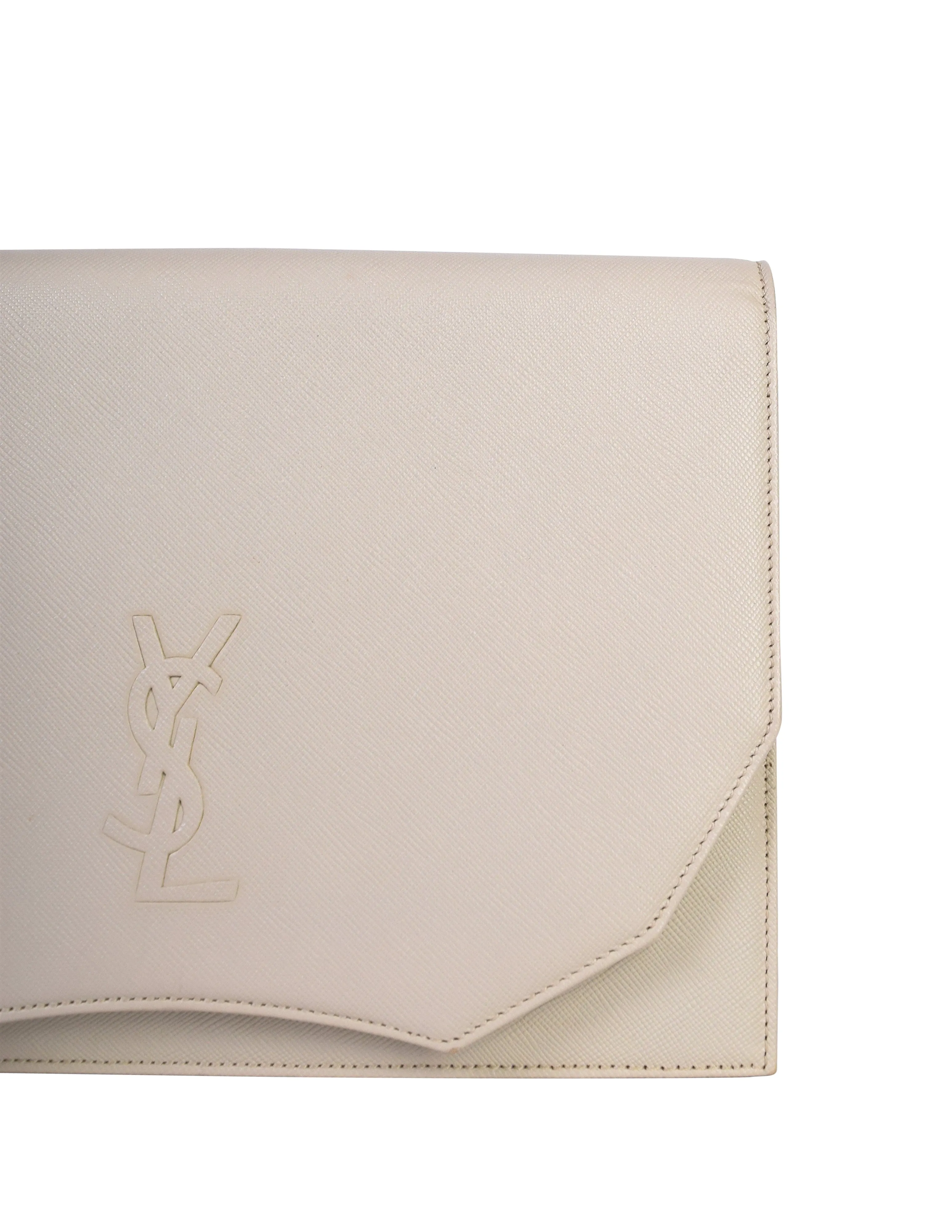 Yves Saint Laurent Vintage Off-White Eggshell YSL Logo Saffiano Leather Clutch Bag