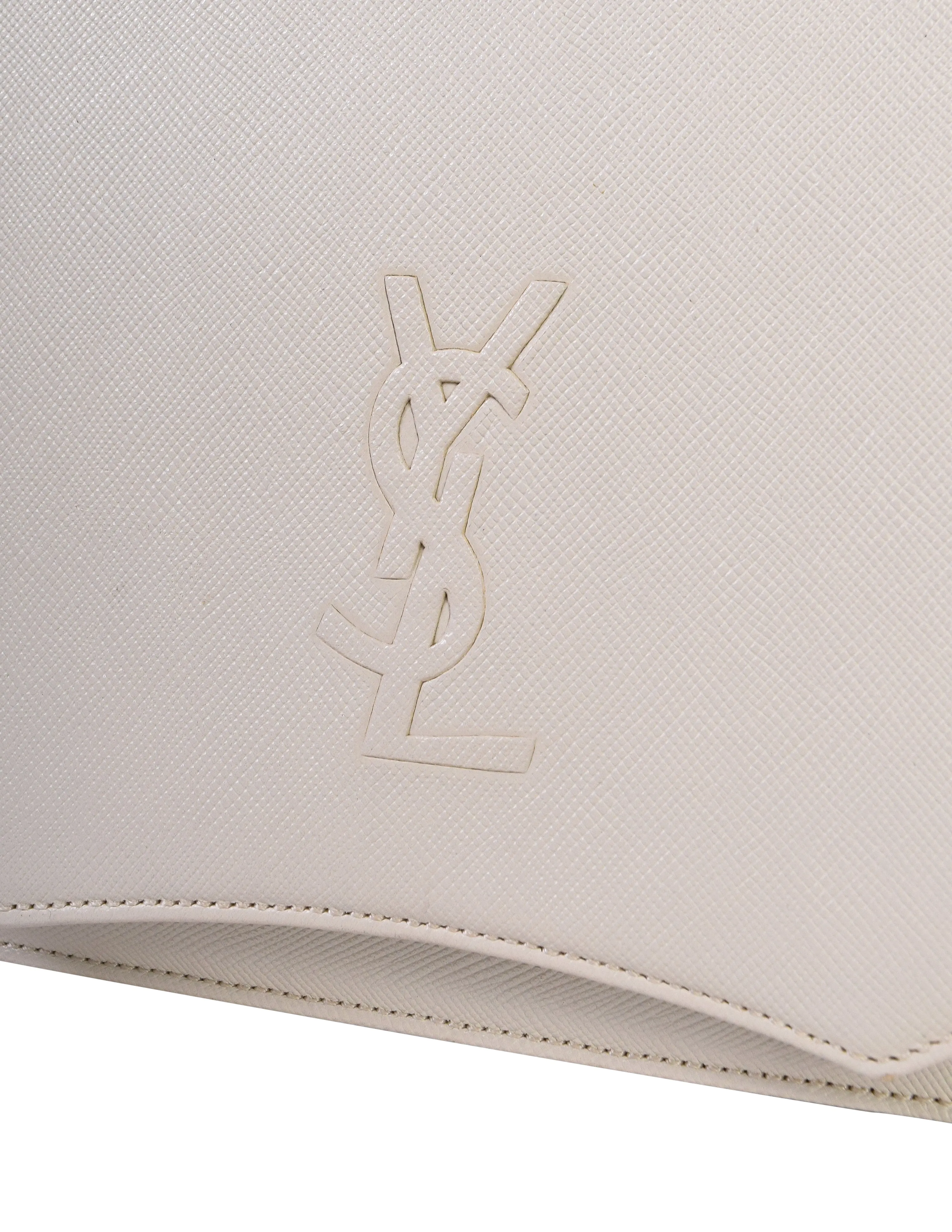 Yves Saint Laurent Vintage Off-White Eggshell YSL Logo Saffiano Leather Clutch Bag