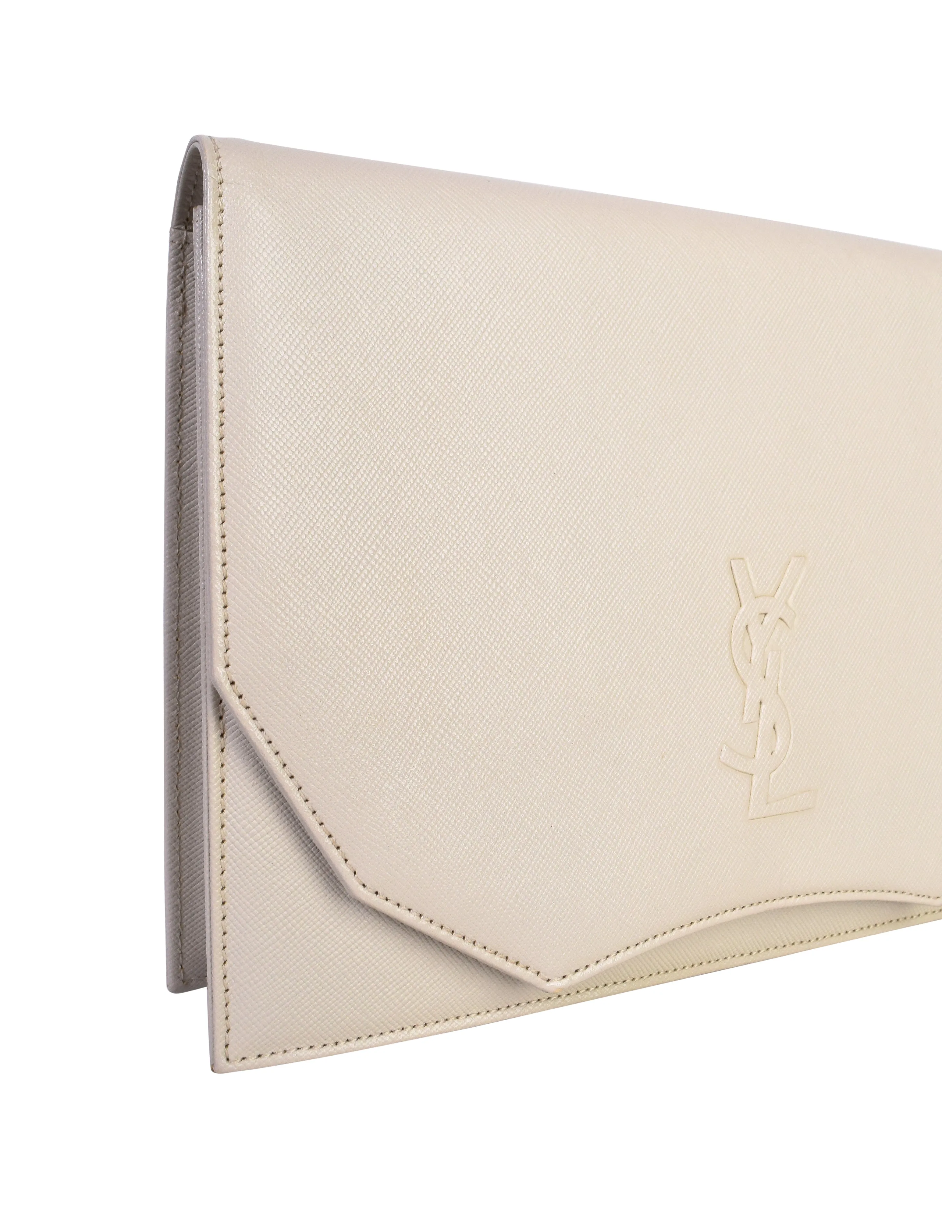 Yves Saint Laurent Vintage Off-White Eggshell YSL Logo Saffiano Leather Clutch Bag