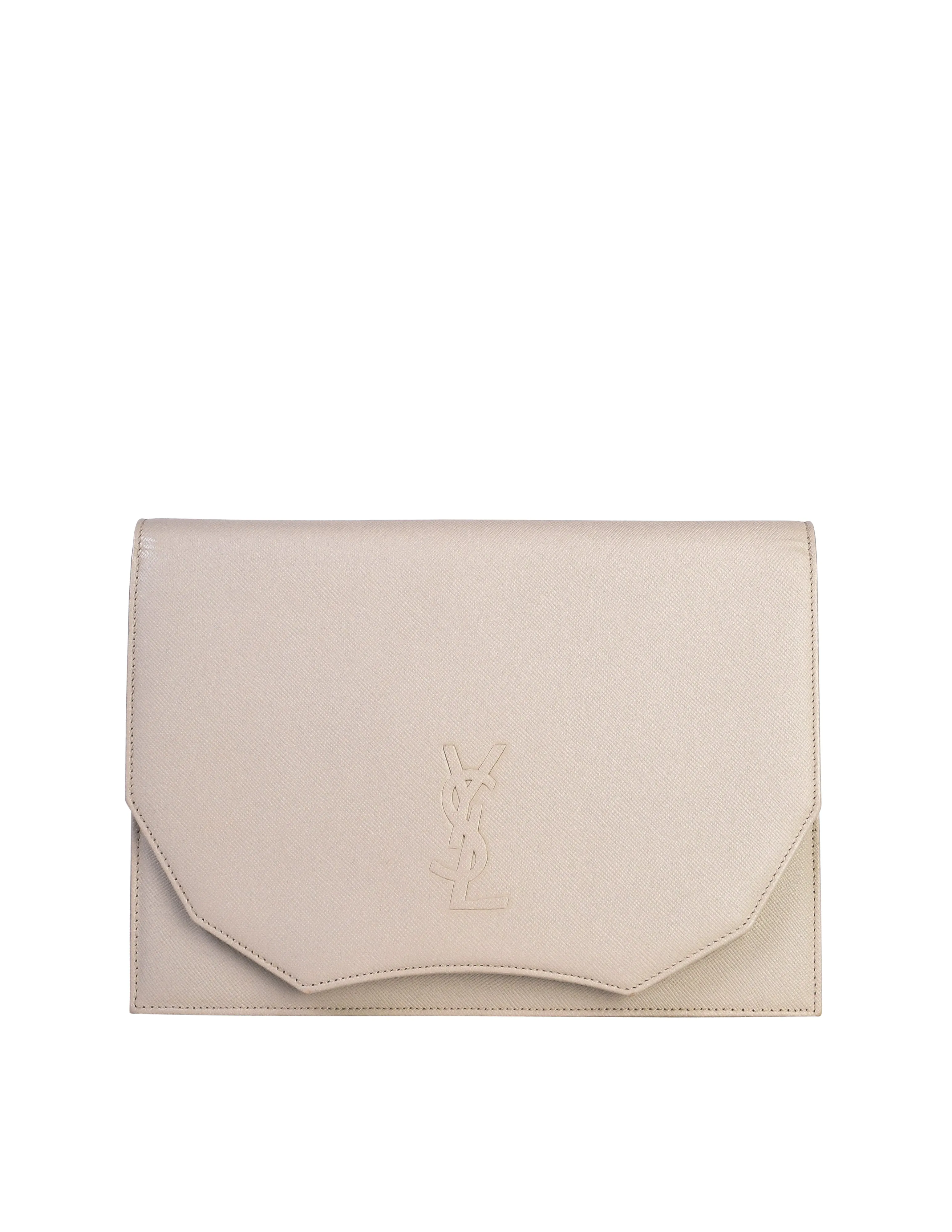 Yves Saint Laurent Vintage Off-White Eggshell YSL Logo Saffiano Leather Clutch Bag